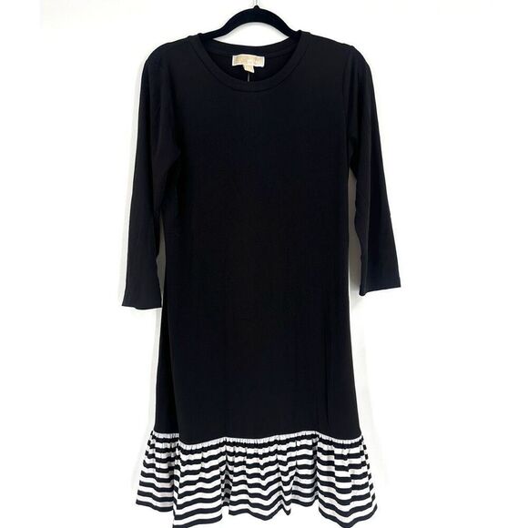 NWT Michael Kors Women's Stripe Ruffle Hem 3/4 Sleeve Shift Dress Black White XS - Picture 1 of 9